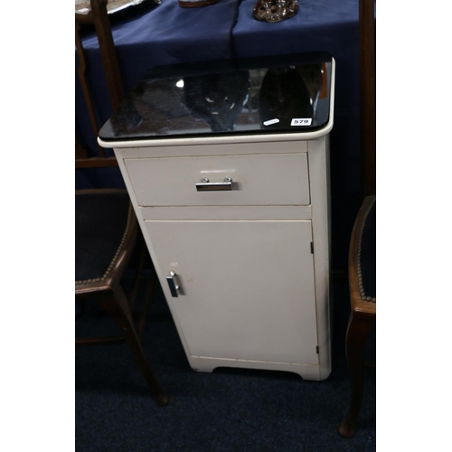 579 - Retro white painted dentists' cabinet with black glass top, 74cm tall.