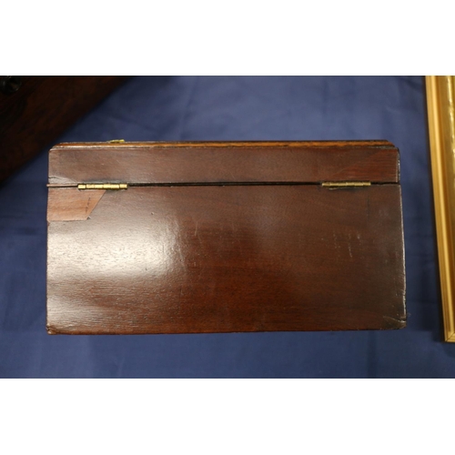 163 - Antique mahogany hinge top tea caddy, the lid opening to reveal a sectioned interior with two white ... 