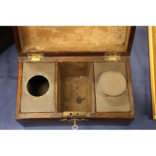 163 - Antique mahogany hinge top tea caddy, the lid opening to reveal a sectioned interior with two white ... 