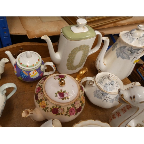 20 - Large box of tea pots including Sadler, Doulton, Oriental, etc.