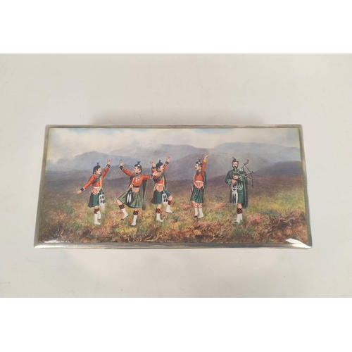 21 - Victorian silver cigarette box, the hinged lid with fine enamelled scene of five kilted Highland sol... 