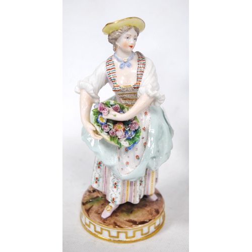 229 - Near pair of Meissen-style continental porcelain figures modelled as a couple holding baskets of flo... 