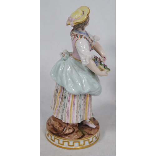 229 - Near pair of Meissen-style continental porcelain figures modelled as a couple holding baskets of flo... 