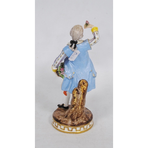 229 - Near pair of Meissen-style continental porcelain figures modelled as a couple holding baskets of flo... 