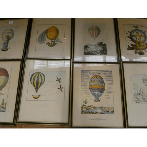 59 - Set of twelve antique Hot Air Balloon prints framed, one with damaged glass.&nbsp;