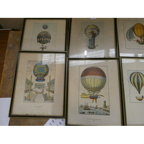 59 - Set of twelve antique Hot Air Balloon prints framed, one with damaged glass.&nbsp;