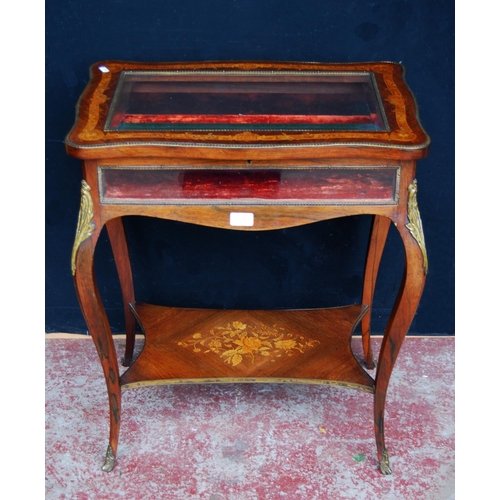 376 - Victorian kingwood and marquetry inlaid vitrine table, the hinged glazed top above glazed viewing pa... 