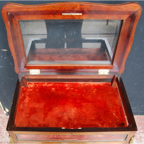 376 - Victorian kingwood and marquetry inlaid vitrine table, the hinged glazed top above glazed viewing pa... 