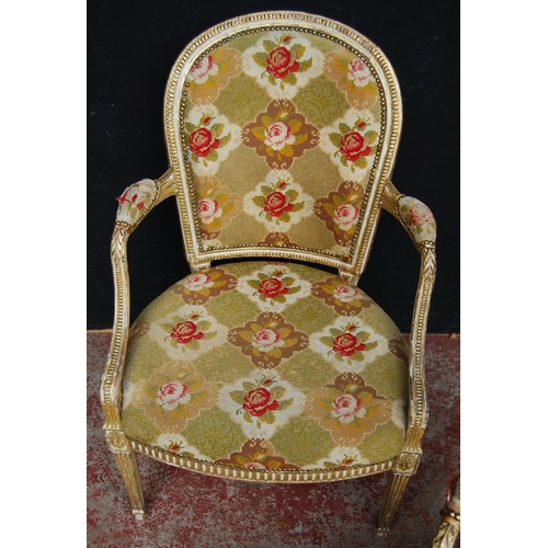 377 - Pair of near-matching Louis XV style giltwood and painted fauteuils, upholstered in non-matching flo... 