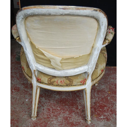 377 - Pair of near-matching Louis XV style giltwood and painted fauteuils, upholstered in non-matching flo... 