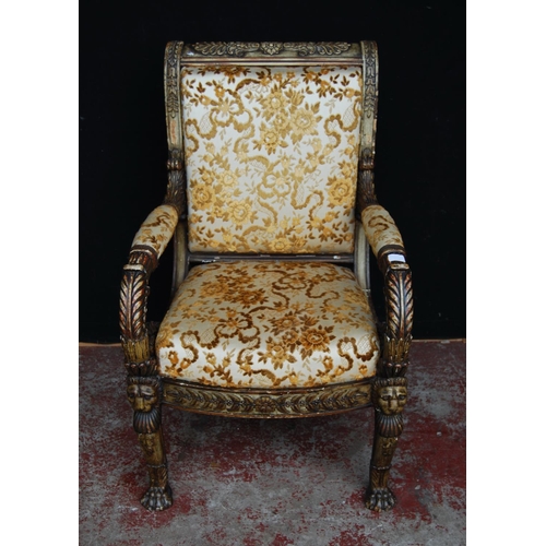 382 - Victorian-style painted wood armchair decorated with masks, acanthus and floral mouldings, upholster... 