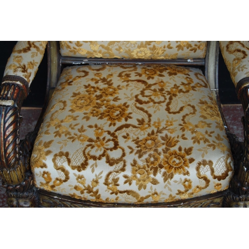 382 - Victorian-style painted wood armchair decorated with masks, acanthus and floral mouldings, upholster... 