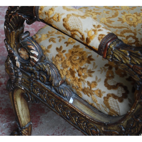 382 - Victorian-style painted wood armchair decorated with masks, acanthus and floral mouldings, upholster... 