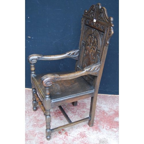 384 - 18th century-style Wainscot oak armchair, the scroll top above floral panels, acanthus moulded armre... 