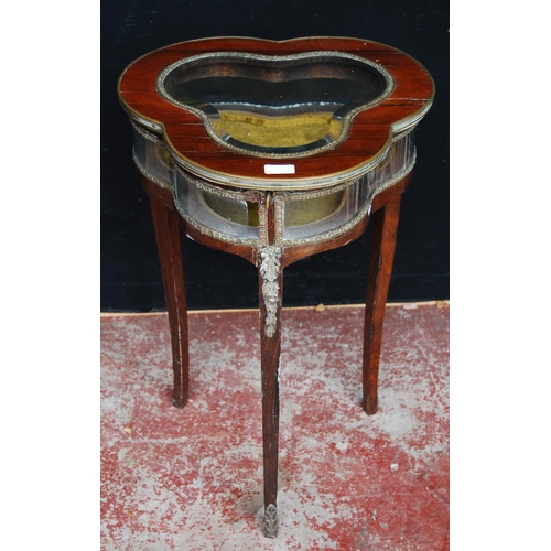 387 - Kingwood bijouterie table, the glazed clover-shaped top enclosing a velour-lined interior, decorated... 