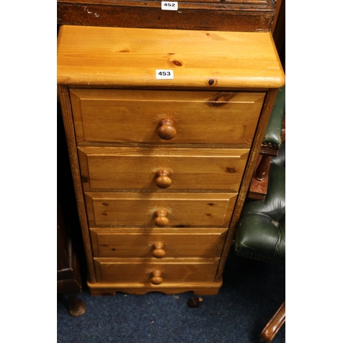 453 - Pine column chest of five drawers, 89cm tall.