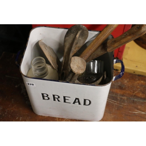 470 - Enamelled metal bread bin containing tools, etc.