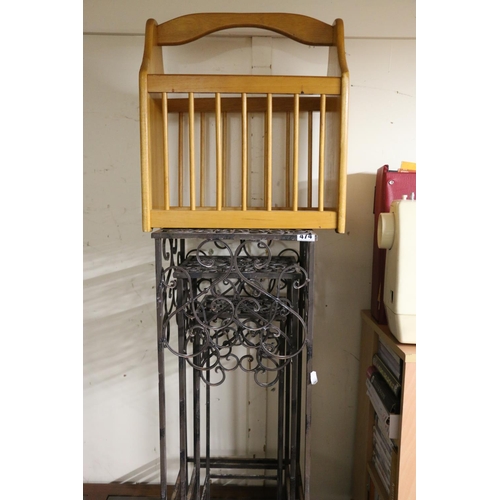 474 - Nest of three metal tables and a pine magazine rack.