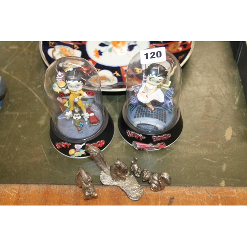 120 - Two hand-painted Betty Boop sculptures under glass domes, 14cm.