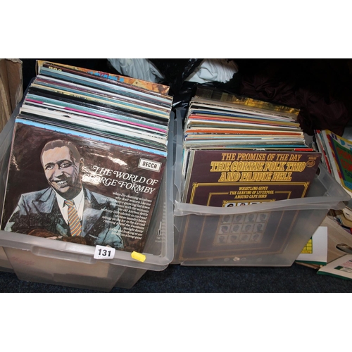 131 - Two boxes of records to include Cliff Richard, Two Ronnies, John Travolta, Moonlighters and others (... 