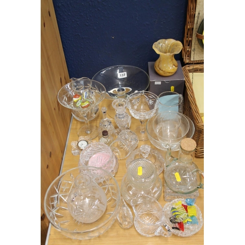 137 - Collection of cut and etched glassware to include decanter, comport, fruit bowl, etc.