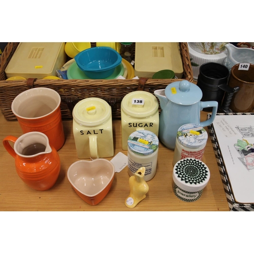 138 - Le Crueset jug, heart shaped dish and storage pot and over kitchenware.