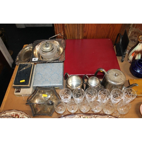 67 - Collection of silver plated items to include swing handled basket, preserve pot, flatware, glassware... 