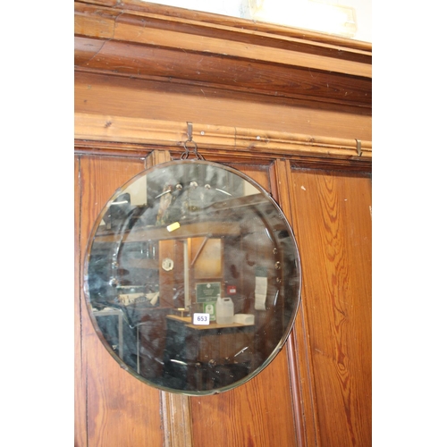 653 - Frameless round bevel edged wall mirror, 50cm diameter.