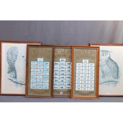 566 - After EDWARD LEAR (British 1812-1888), two prints of owls, 55cm x 35cm and three framed cigarette ca... 