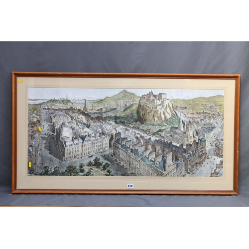 570 - Large panoramic print of Edinburgh Castle and skyline, 44cm x 98cm. 