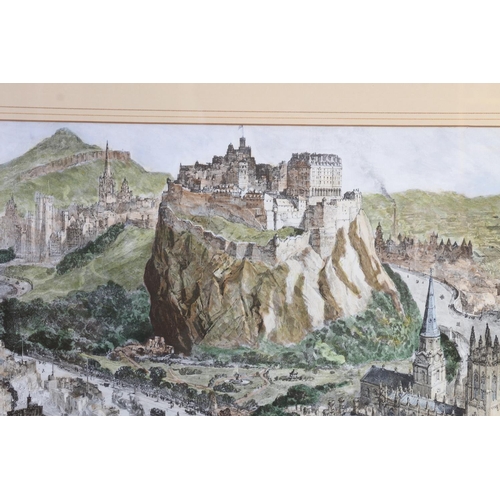 570 - Large panoramic print of Edinburgh Castle and skyline, 44cm x 98cm. 