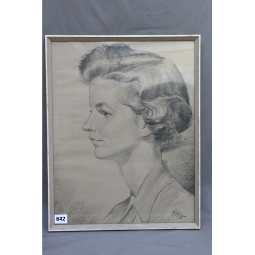 642 - ROY, side profile portrait of a young lady, bears a likeness to a young Queen Elizabeth II, charcoal... 