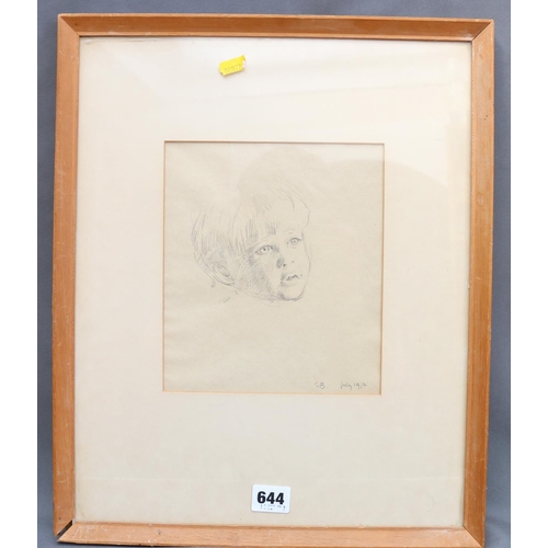 644 - GB, portrait of a young boy, pencil drawing, signed with initials and dated 1972, frame size 43cm x ... 