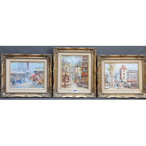 645 - Three Parisian oil paintings, frame size 32cm x 37cm. (3)