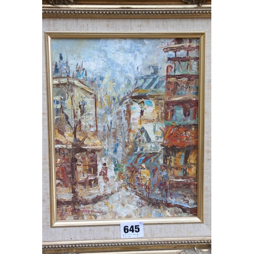 645 - Three Parisian oil paintings, frame size 32cm x 37cm. (3)