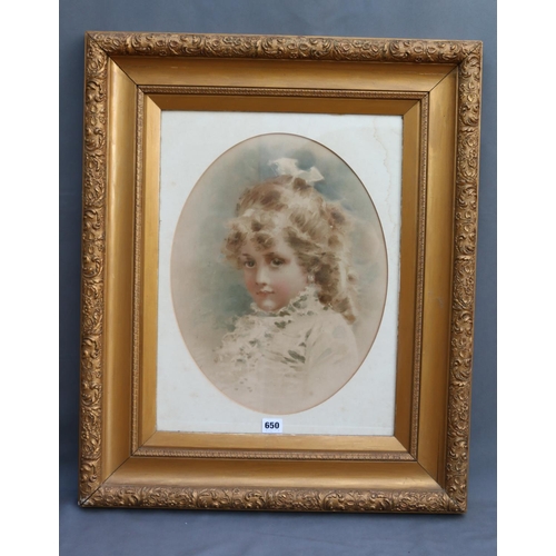 650 - Gilt framed portrait print of a young girl, frame size 73cm x 60cm.