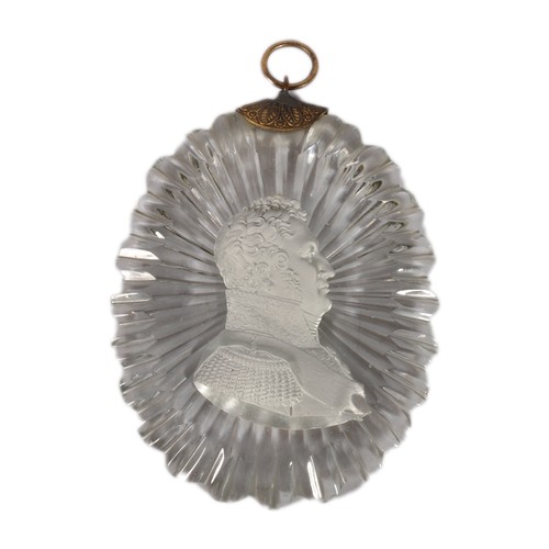 Glass wall plaque containing a portrait miniature side profile of an Admiral, probably by Apsley Pellatt, 16cm tall.