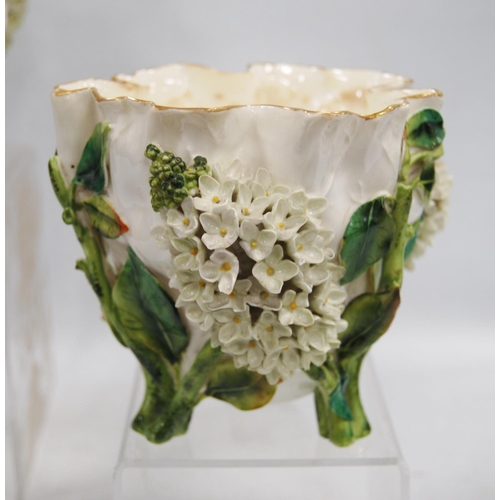 230 - Moore Brothers porcelain planter with a frilly gilded rim above encrusted flowers, leaves and vines,... 