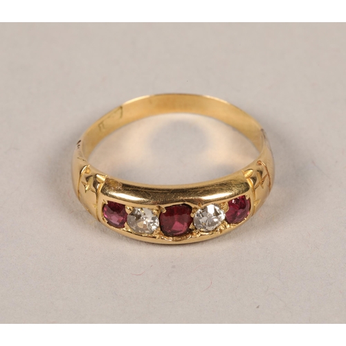 120 - 18 carat yellow gold ruby and diamond ring; gross weight 3.1g