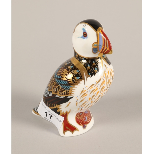 17 - Royal Crown Derby porcelain Puffin paperweight; with gold button; 13cm high
