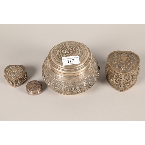 177 - Three Indian silver / white metal jars; gross weight 596g; together with a silver box and cover; gro... 