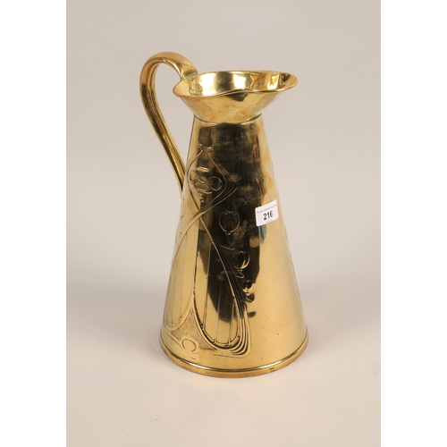 216 - Joseph Sankey of Wolverhampton Art Nouveau brass jug; 35cm high