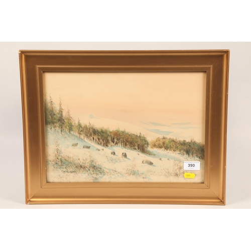 390 - M. Grafton; Pair of Sheep on Snowy Hill and Sheep in Snowy Wood; watercolour on paper; signed and fr... 