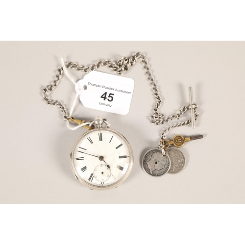 45 - Silver open - face gentlemen's pocket watch with white metal chain and T - bar; 1819  George III Shi... 