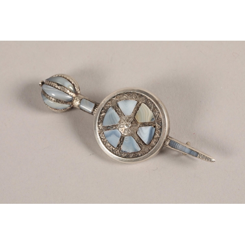 56 - Silver and agate set 'Dagger and Shield' form brooch