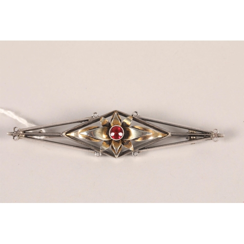 61 - Silver Art Deco design floral design bar brooch;  set with single red stone; 8cm long; 11.1g gross w... 