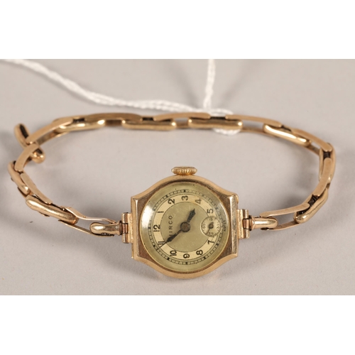 64 - Art Deco 9 carat yellow gold cased Dennison 'Micro' ladies wristwatch; gross weight 12.5g