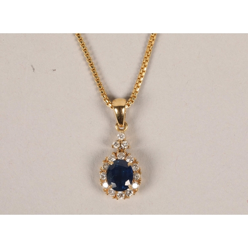 86 - 9 carat yellow gold mounted sapphire and diamond pendant on chain; gross weight 8.2g