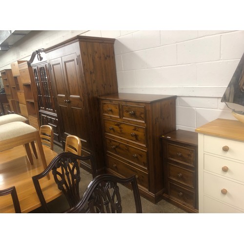 635 - Pine three piece bedroom suite comprising chest of two short over three long drawers; bedside chest ... 