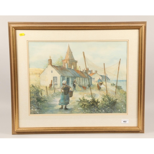 402 - Fiona Graham; Women hanging the laundry; watercolour on paper; signed; framed; label verso